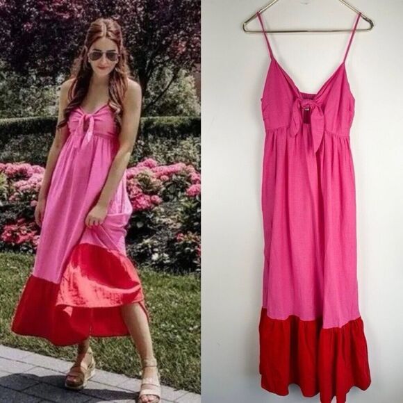 Tabitha Brown Target Dress Women XS Linen Pink Colorblock Tie Front Midi - Picture 1 of 7